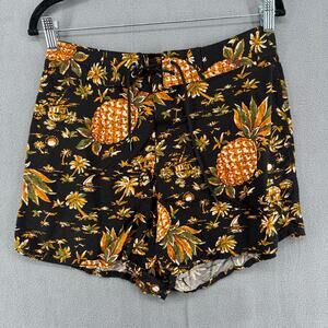 Liquid Aloha Hawaiian Rayon Board Shorts 11 Black Palm Tree Pineapple Surf Swim